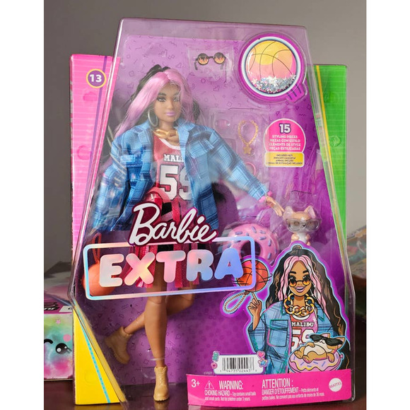 Barbie Extra Doll # 13 Basketball Jersey Dress Flannel Shirt and Pet NWT - Picture 1 of 9
